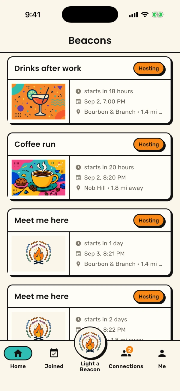 The feed: live beacons, each card with the activity illustration, when it starts and where.